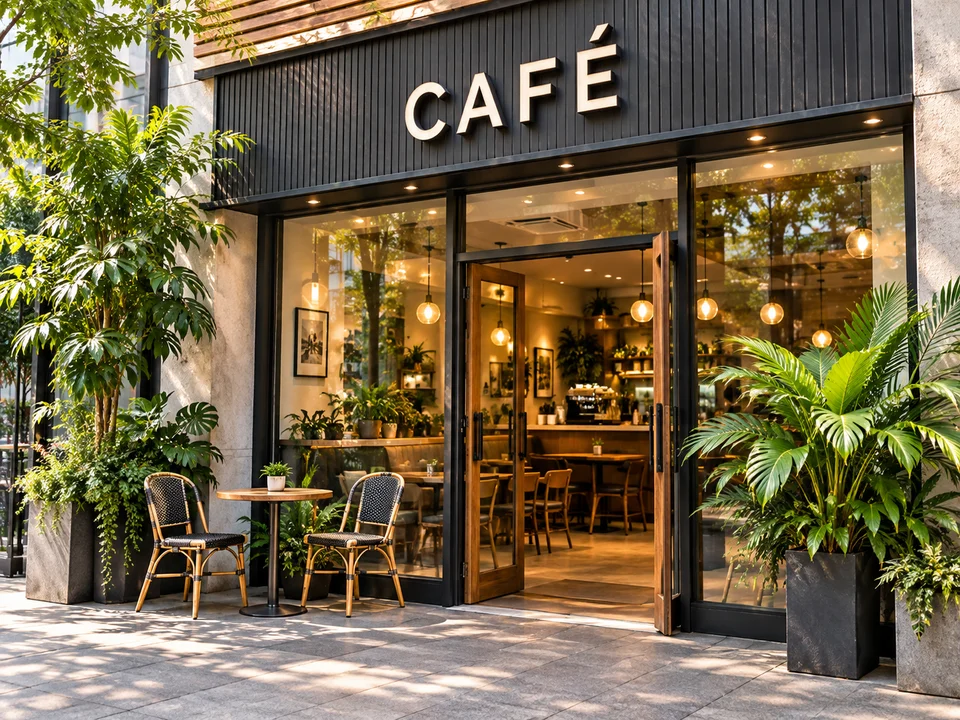 Fachada de una cafetería de ejemplo.
