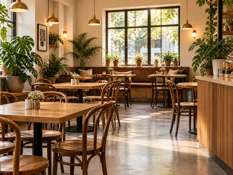 Interior de una cafetería con mesas de madera y plantas.