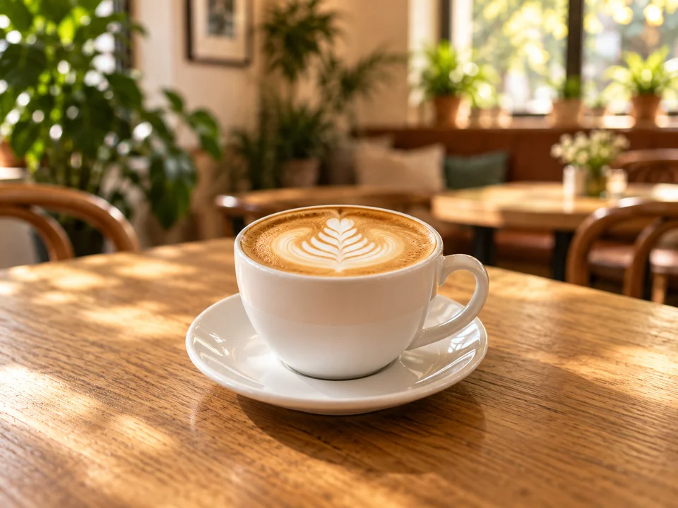 Detalle de un capuchino sobre una mesa de madera.