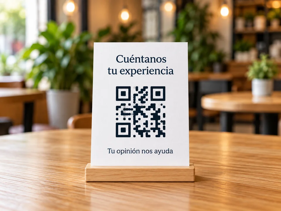 Ejemplo de un cartel de mesa que invita a compartir la experiencia del cliente.